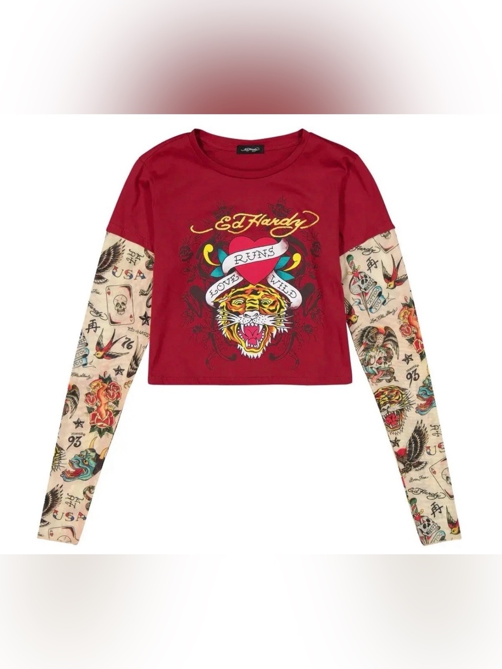 Ed Hardy Love Runs Wild Tiger Crop Top Tattoo Mesh Sleeves Women's XL NWT